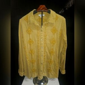 Coldwater Creek Tan Embroidered Button-down Long-sleeve Shirt